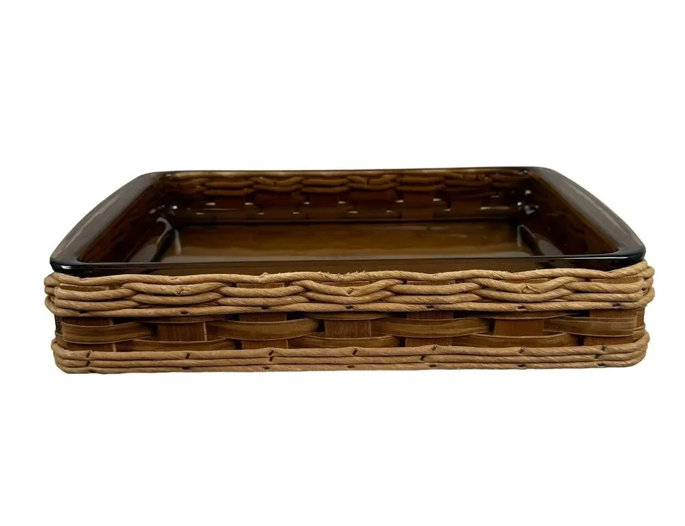 Vintage Amber PYREX Casserole Wicker Rattan Basket Serving Tray Leather Handles